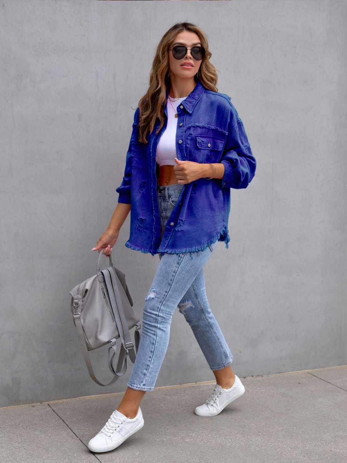 Distressed Drop Shoulder Denim Jacket - Delanoir