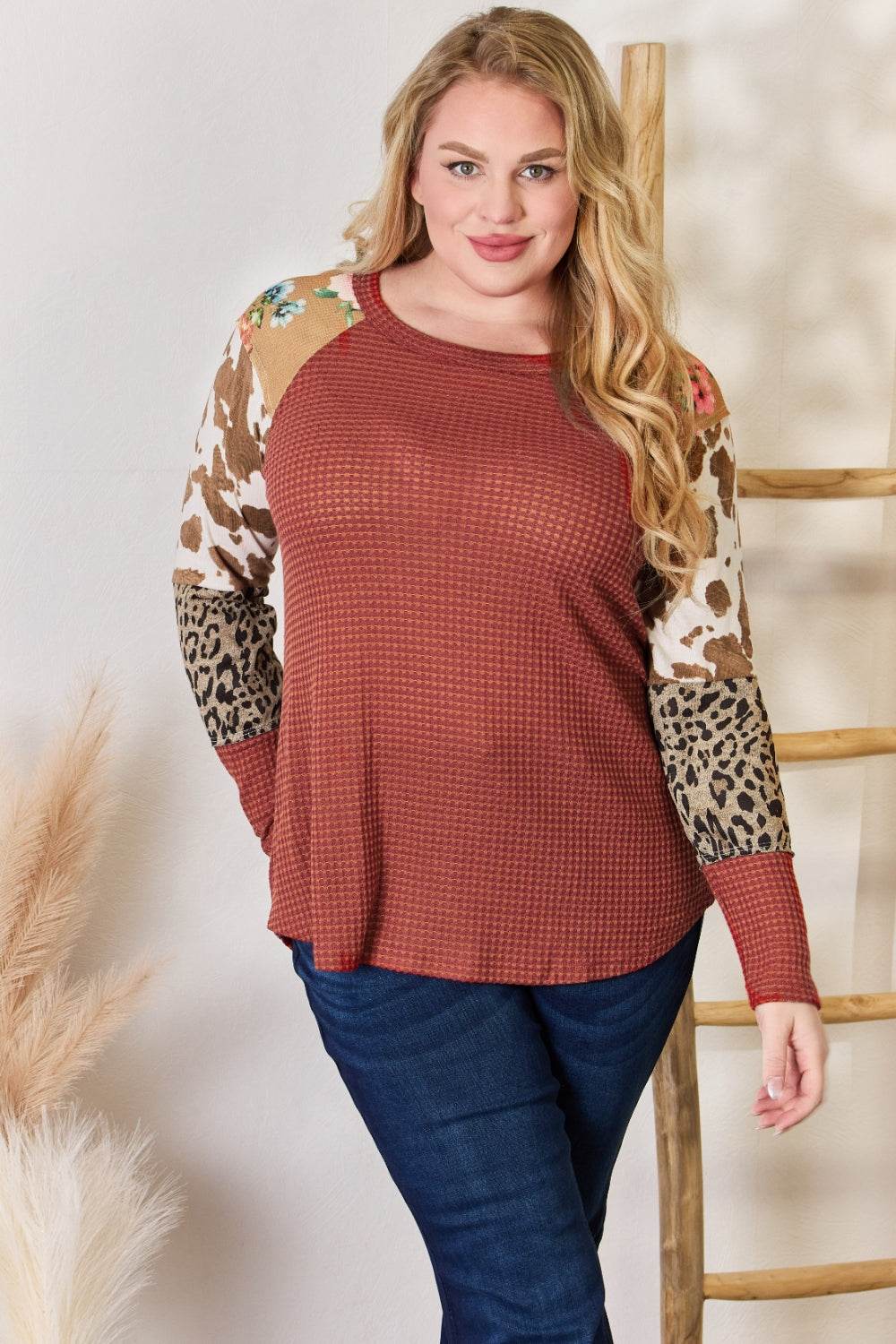 Hailey & Co Full Size Leopard Waffle-Knit Blouse - Delanoir