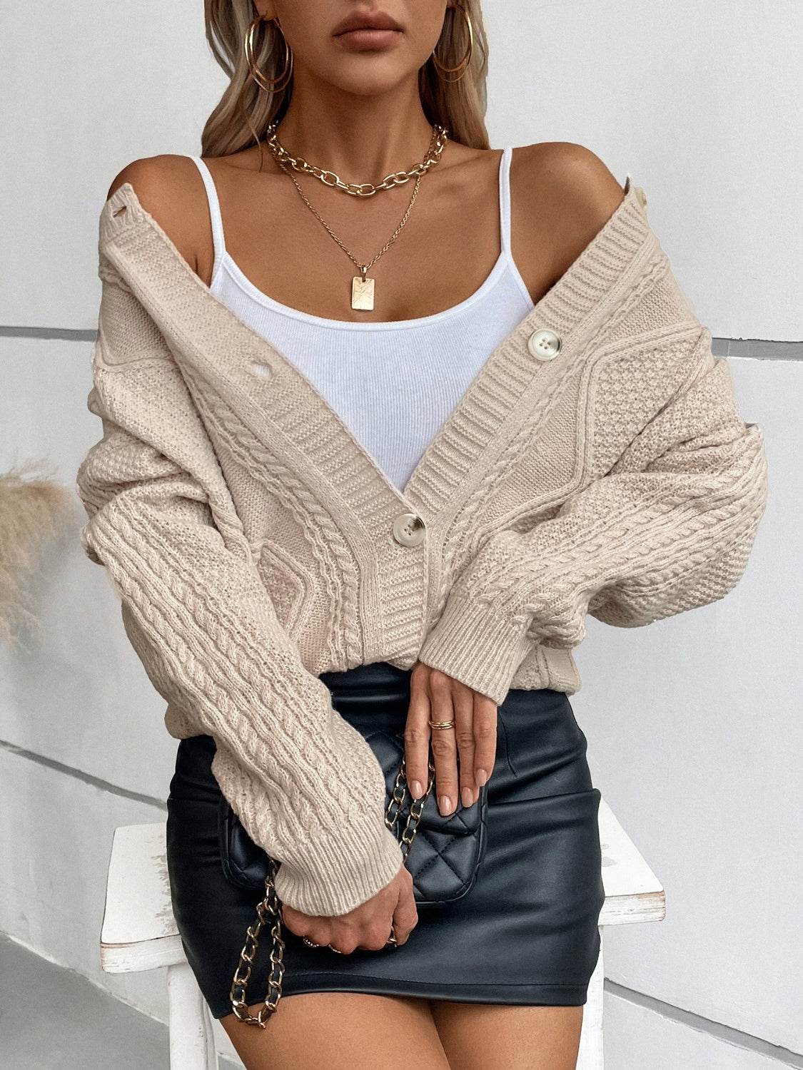 Cable-Knit Round Neck Button Up Cardigan - Delanoir