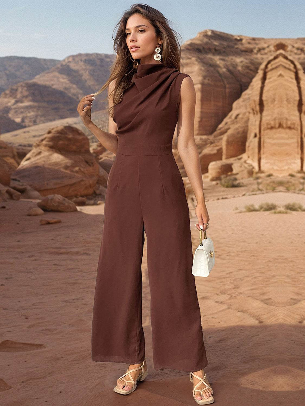 Perfee Ruched Mock Neck Sleeveless Jumpsuit - Delanoir