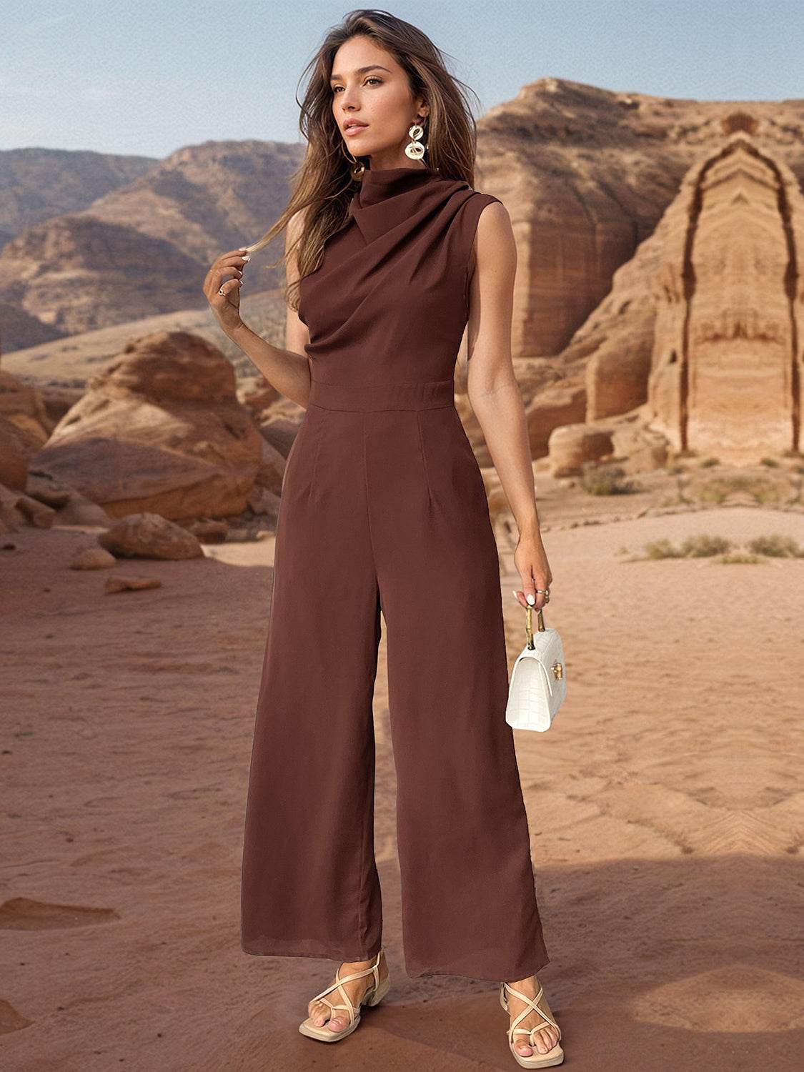Perfee Ruched Mock Neck Sleeveless Jumpsuit - Delanoir