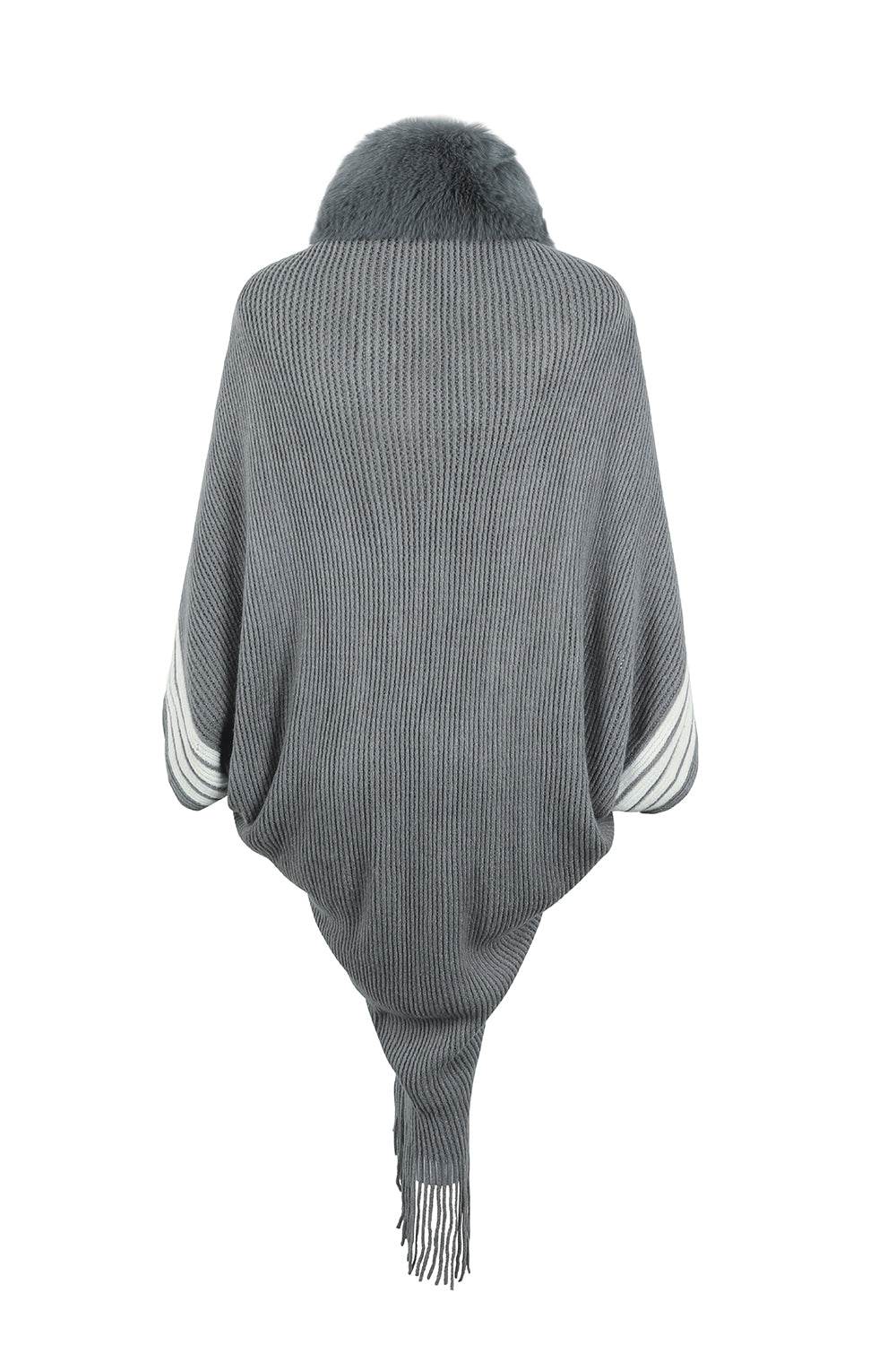 Striped Fringe Detail Long Sleeve Poncho - Delanoir