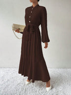 Half Button Tie Waist Long Sleeve Maxi Dress - Delanoir
