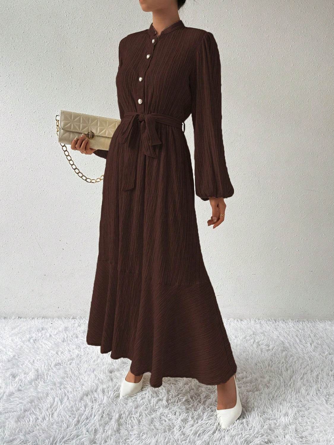 Half Button Tie Waist Long Sleeve Maxi Dress - Delanoir