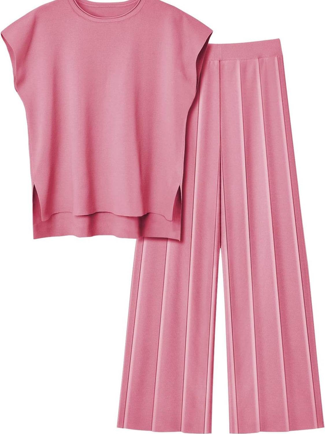 Round Neck Cap Sleeve Top and Pants Knit Set - Delanoir