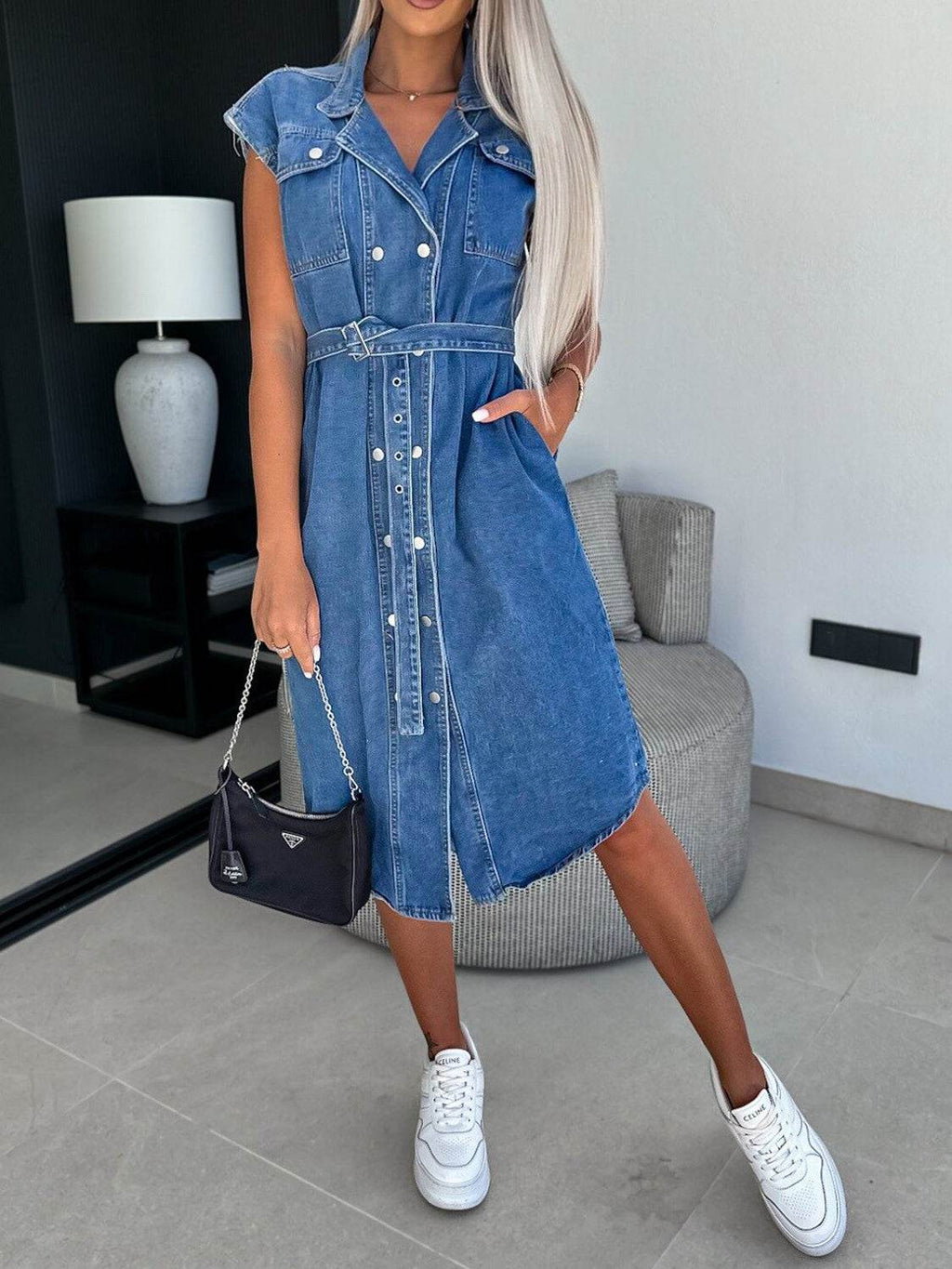 Collared Neck Cap Sleeve Denim Dress - Delanoir