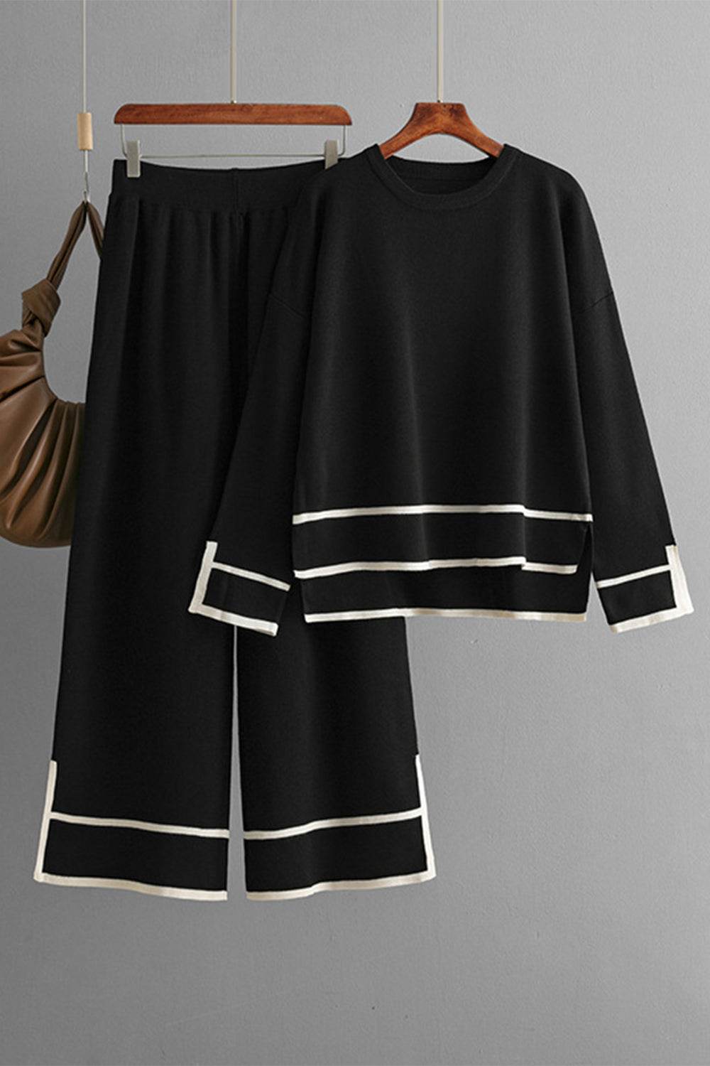 High-Low Round Neck Top and Pants Sweater Set - Delanoir