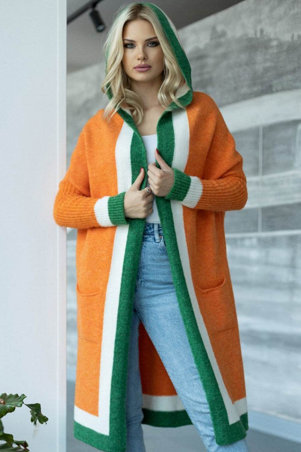 Pocketed Contrast Long Sleeve Hooded Cardigan - Delanoir