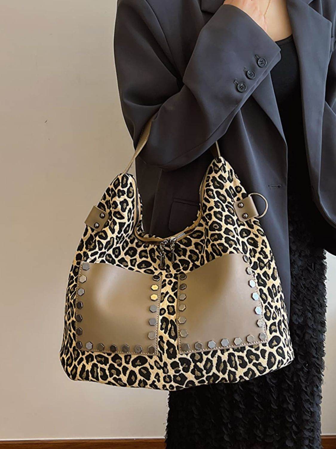 Leopard Polyester Shoulder Bag with Zippers - Delanoir