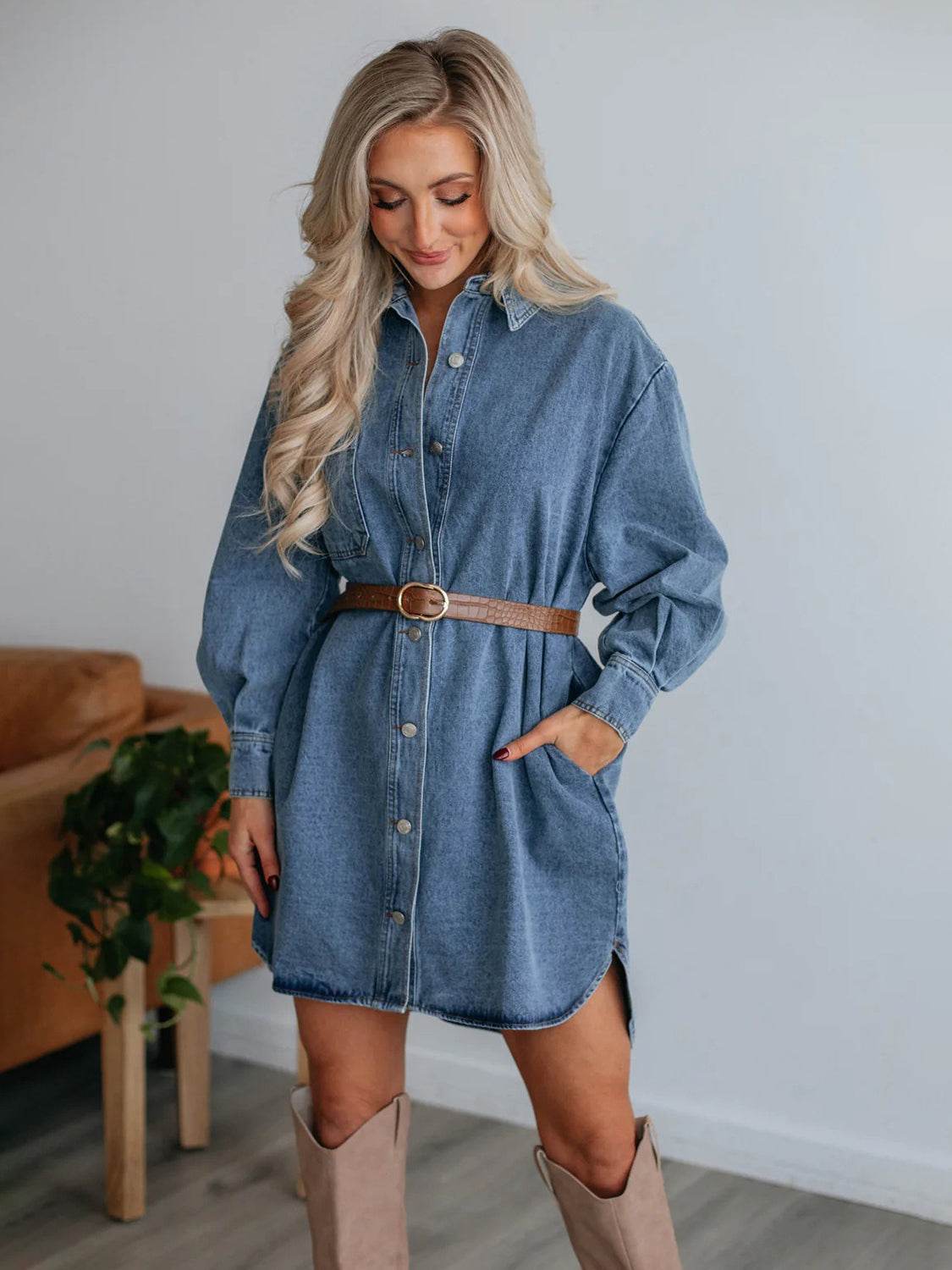Button Up Collared Neck Long Sleeve Denim Dress - Delanoir