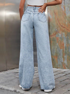 Distressed Wide Leg Jeans with Pockets - Delanoir