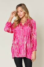 Double Take Full Size Printed Button Up Long Sleeve Shirt - Delanoir