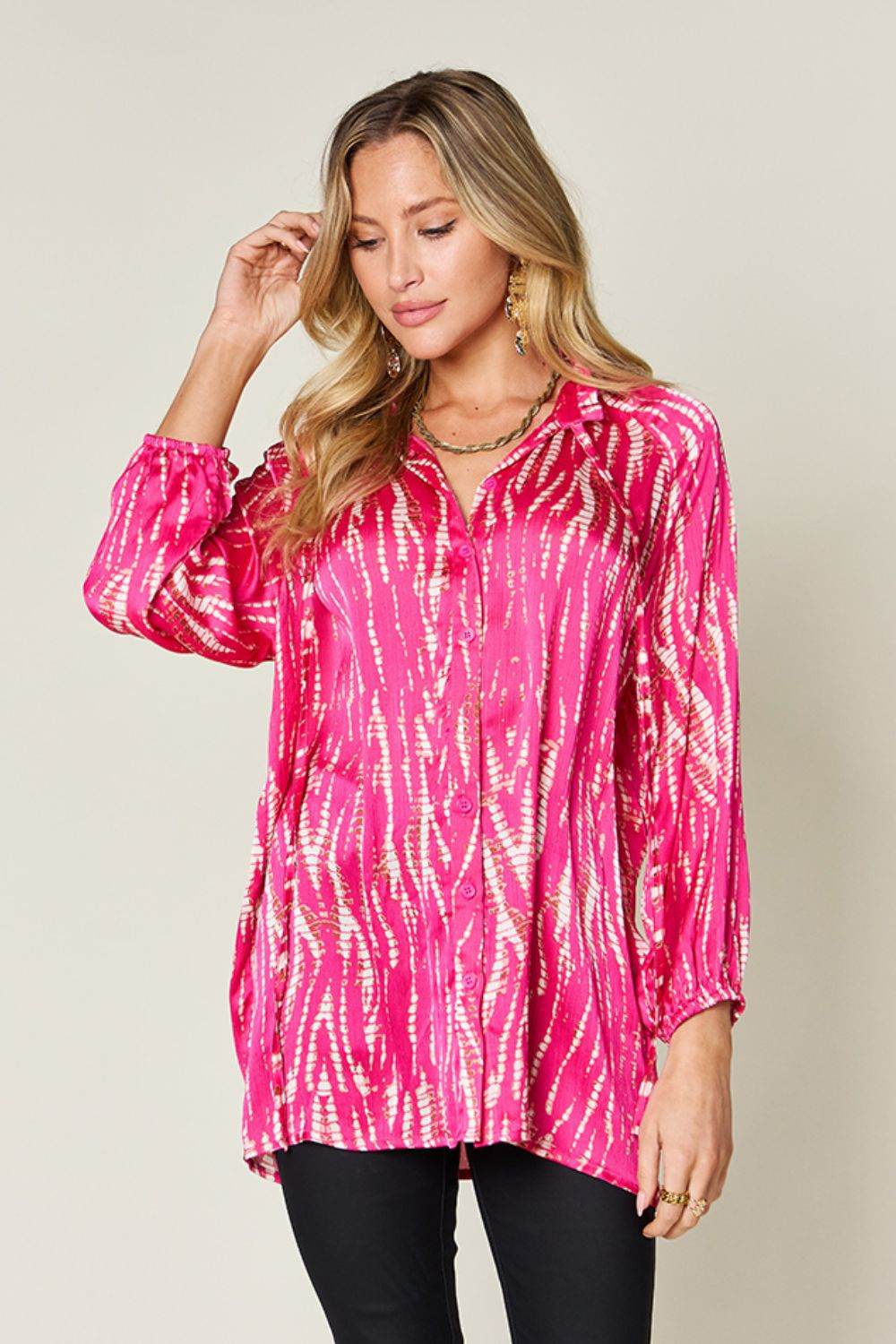 Double Take Full Size Printed Button Up Long Sleeve Shirt - Delanoir