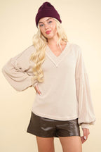 VERY J Two Tone Ribbed V-Neck Exposed Seam Top - Delanoir