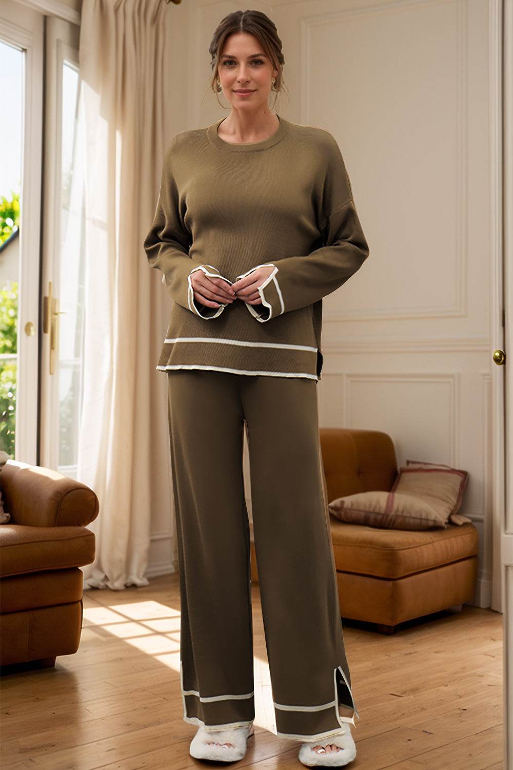 High-Low Round Neck Top and Pants Sweater Set - Delanoir