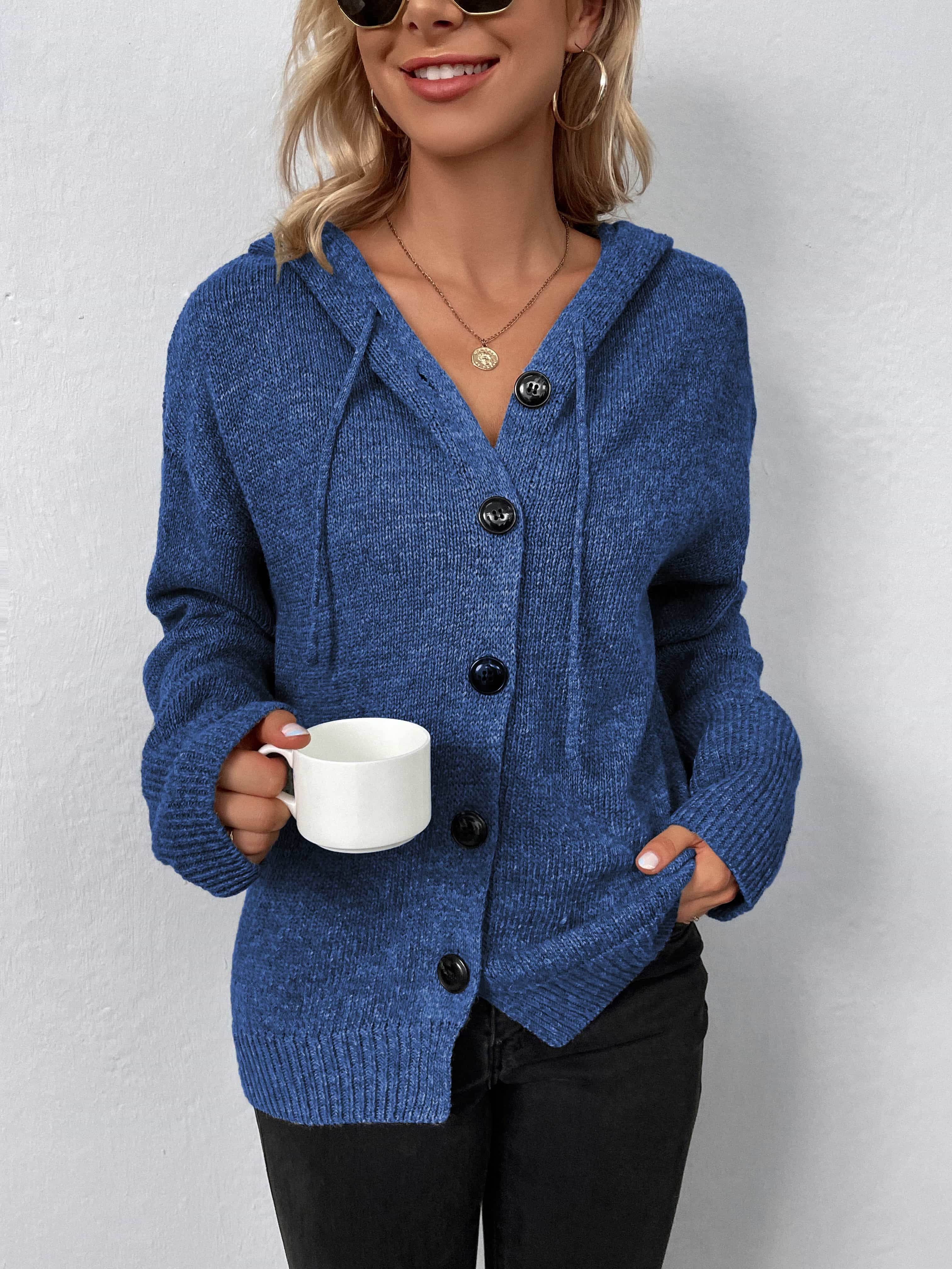 Button-Down Long Sleeve Hooded Sweater - Delanoir