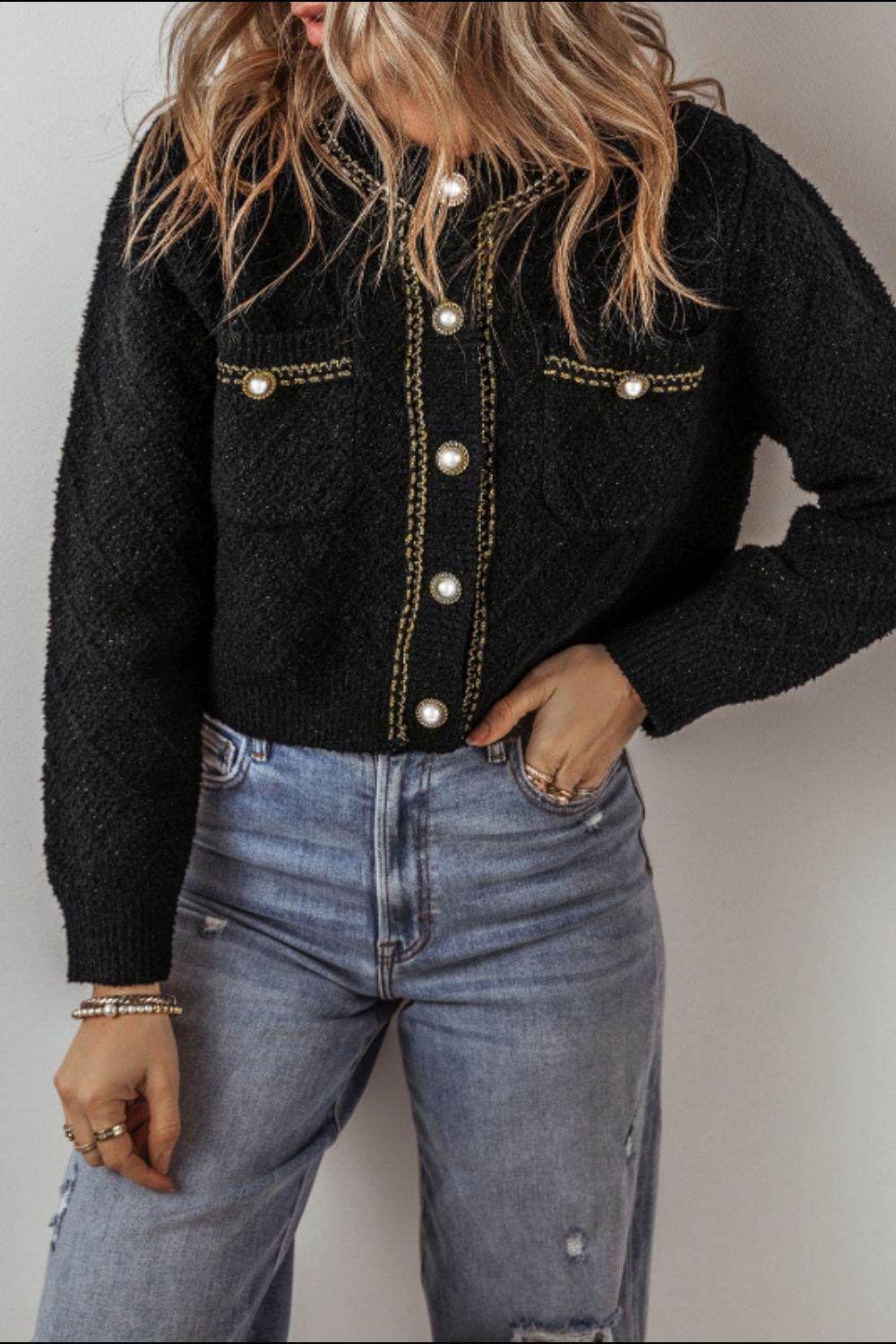 Round Neck Button Up Long Sleeve Cardigan - Delanoir