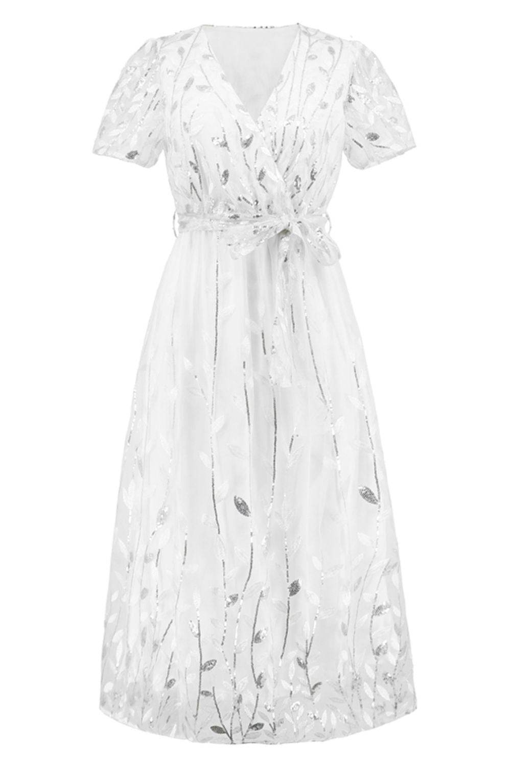 Sequin Leaf Embroidery Tie Front Short Sleeve Dress - Delanoir