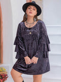 Plus Size Round Neck Flounce Sleeve Mini Dress - Delanoir
