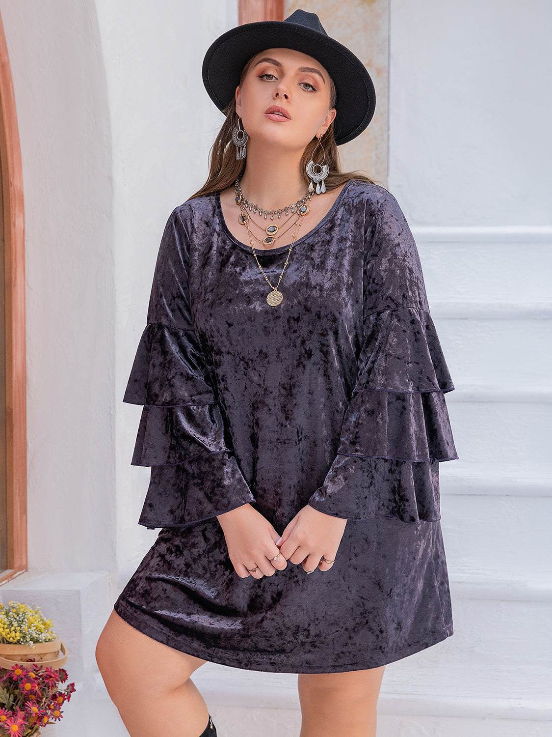 Plus Size Round Neck Flounce Sleeve Mini Dress - Delanoir