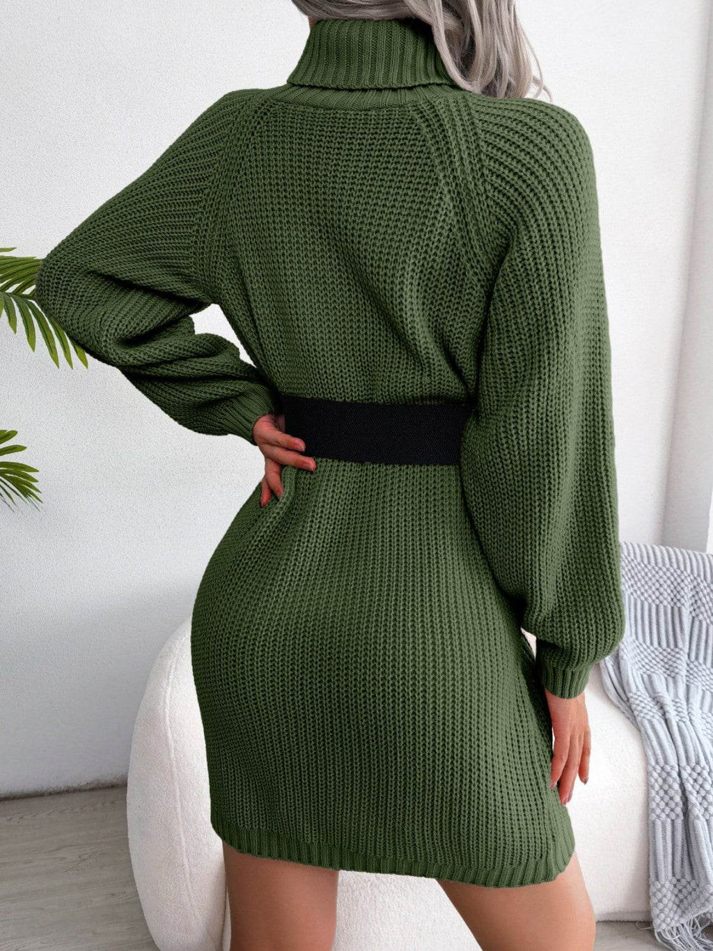 Decorative Button Turtleneck Sweater Dress - Delanoir