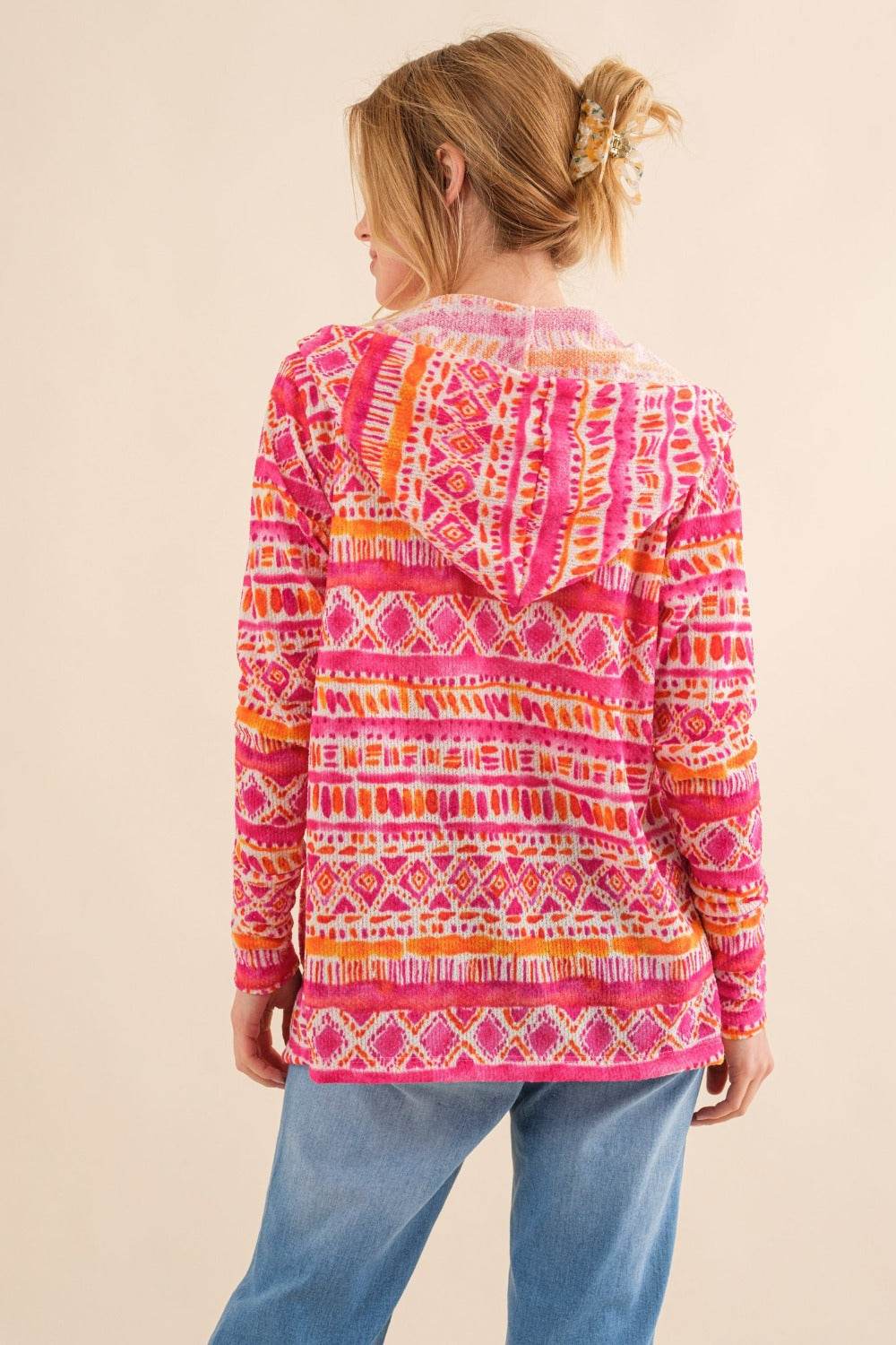 And The Why Full Size Printed Thermal Hooded Open Front Cardigan - Delanoir