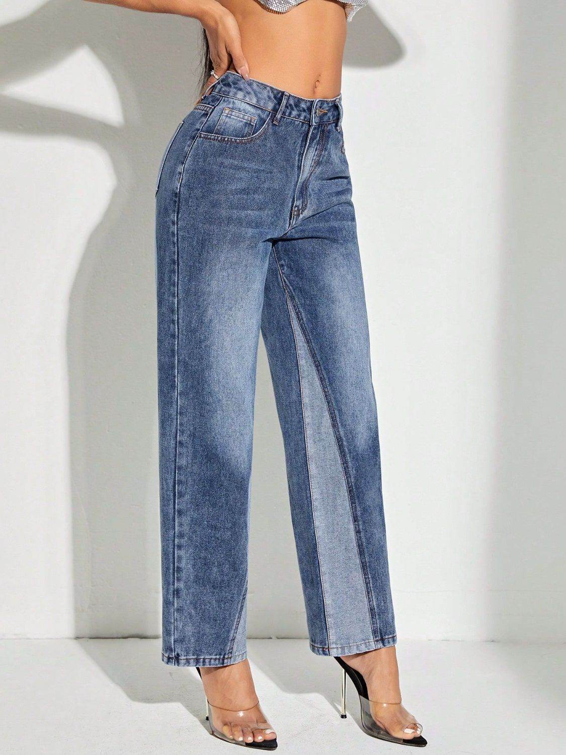 Contrast Patchwork Straight Jeans with Pockets - Delanoir