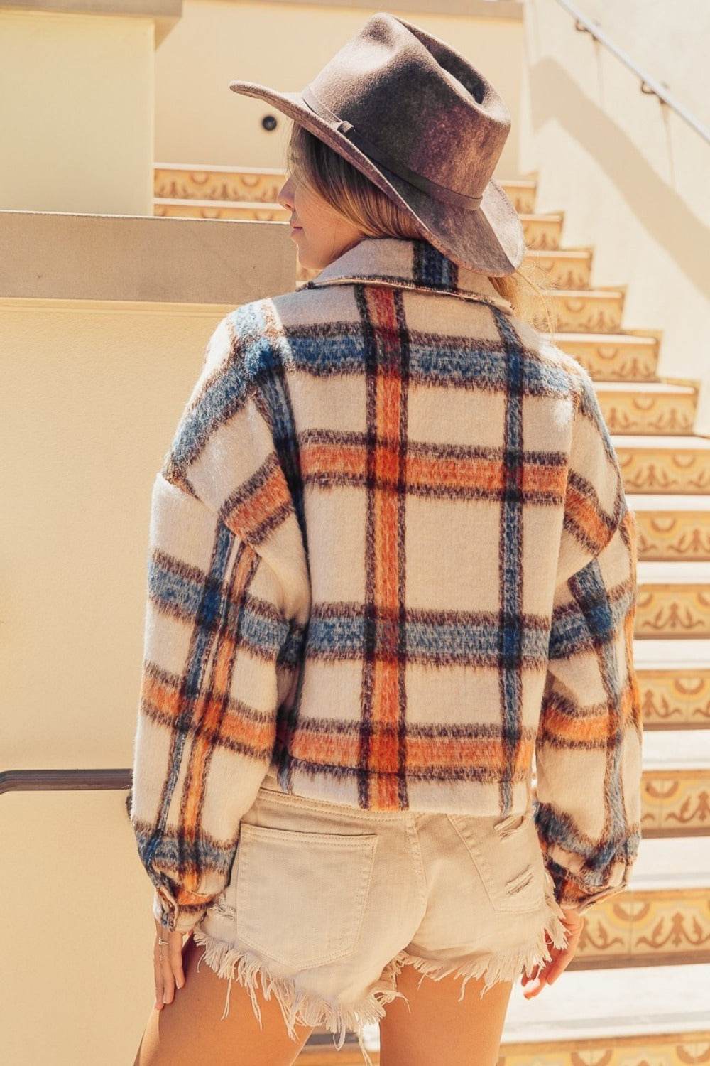 BiBi Brushed Plaid Crop Jacket with Pockets - Delanoir
