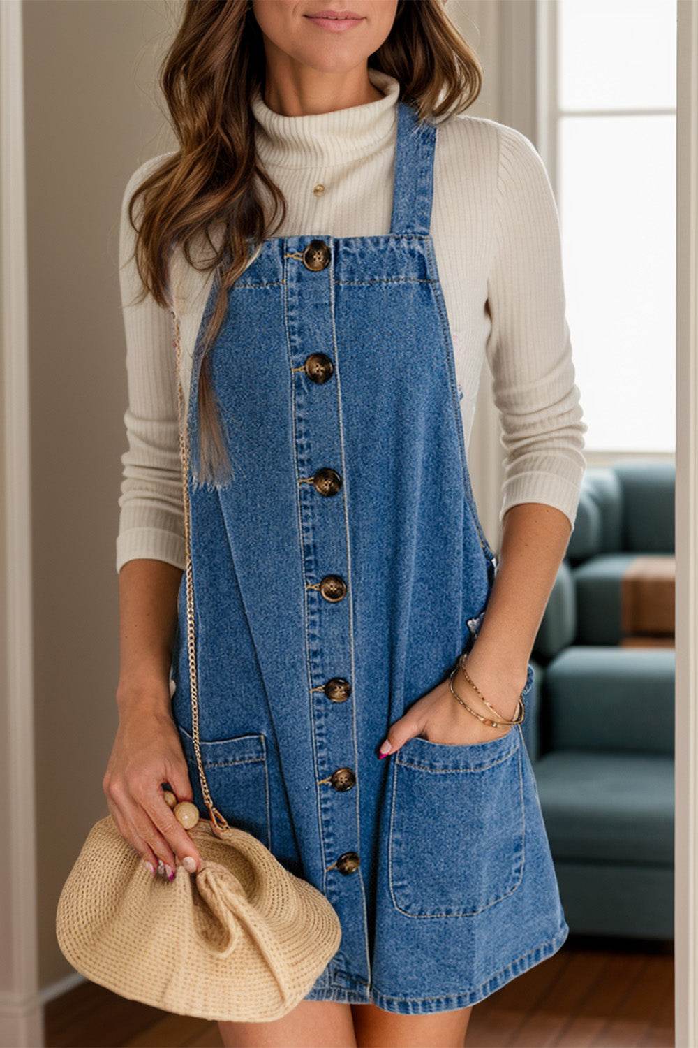 Square Neck Wide Strap Denim Overall Dress - Delanoir