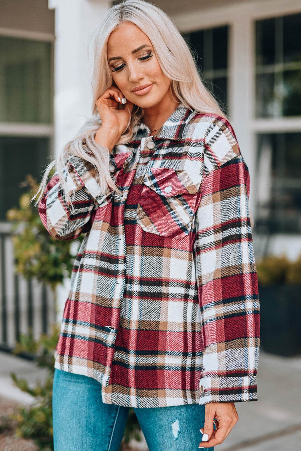 Plaid Button Front Shirt Jacket with Breast Pockets - Delanoir