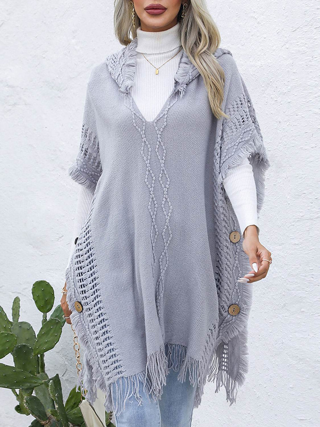 Fringe Trim Buttoned Hooded Poncho - Delanoir