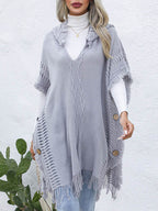 Fringe Trim Buttoned Hooded Poncho - Delanoir