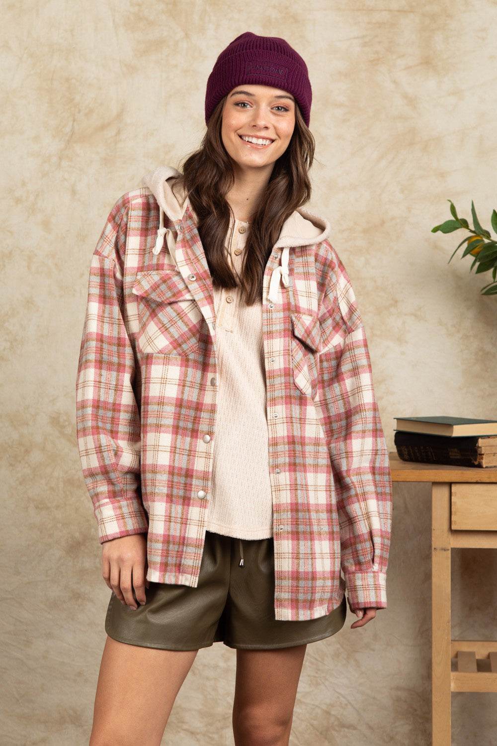 Drawstring Plaid Long Sleeve Hooded Jacket - Delanoir