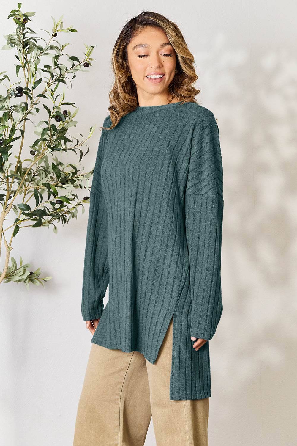 Basic Bae Full Size Ribbed Round Neck Long Sleeve Slit Top - Delanoir