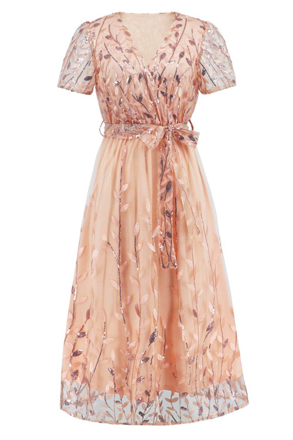 Sequin Leaf Embroidery Tie Front Short Sleeve Dress - Delanoir