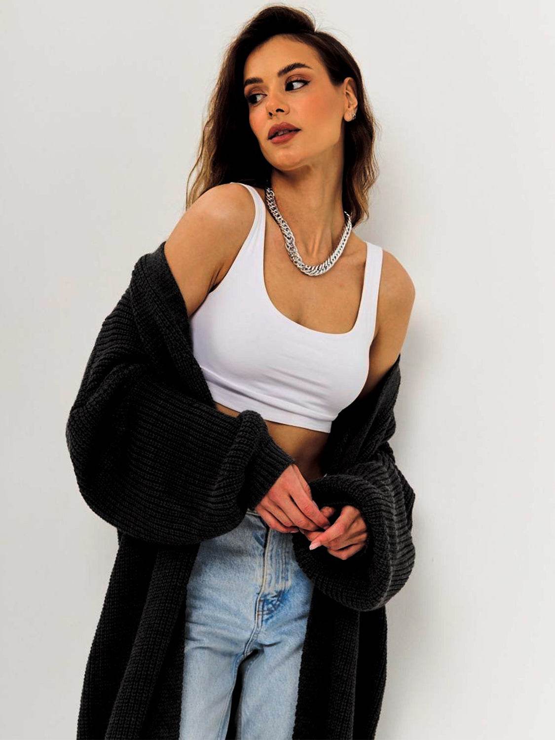 Open Front Long Sleeve Longline Cardigan - Delanoir
