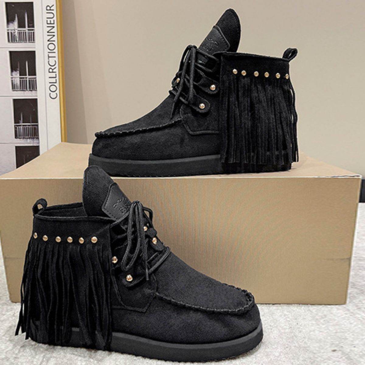 Fringe Studded Round Toe Canvas Boots - Delanoir