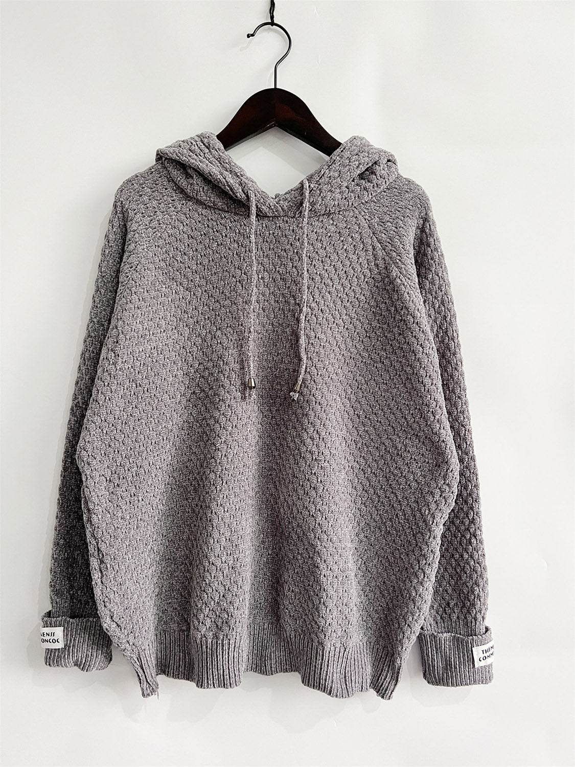 Drawstring Long Sleeve Hooded Sweater - Delanoir