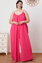 Double Take Full Size Ruffle Trim Tie Back Cami Jumpsuit with Pockets - Delanoir