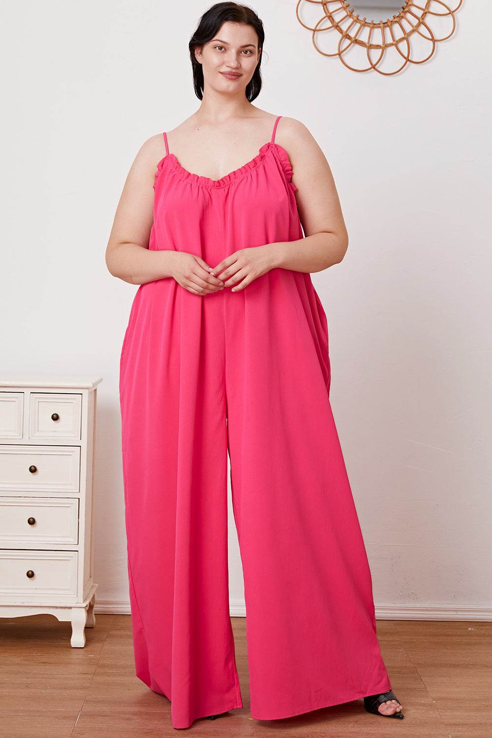 Double Take Full Size Ruffle Trim Tie Back Cami Jumpsuit with Pockets - Delanoir