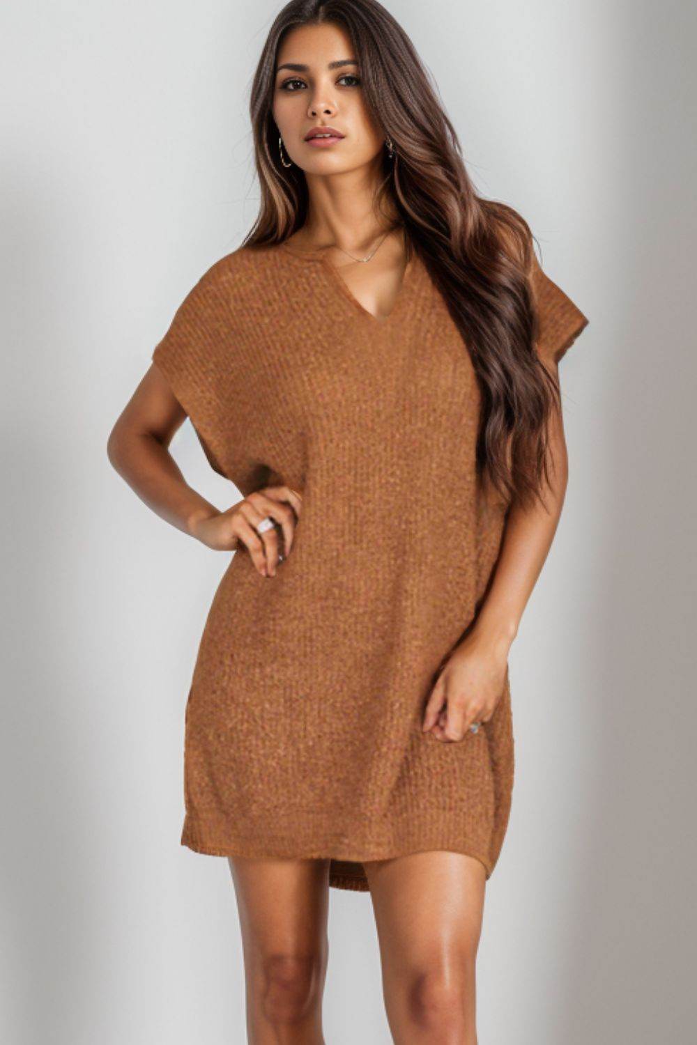 Notched Cap Sleeve Mini Sweater Dress - Delanoir