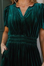 Tiered Notched Short Sleeve Dress with Pockets - Delanoir