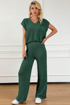 Pocketed V-Neck Top and Wide Leg Sweater Set - Delanoir