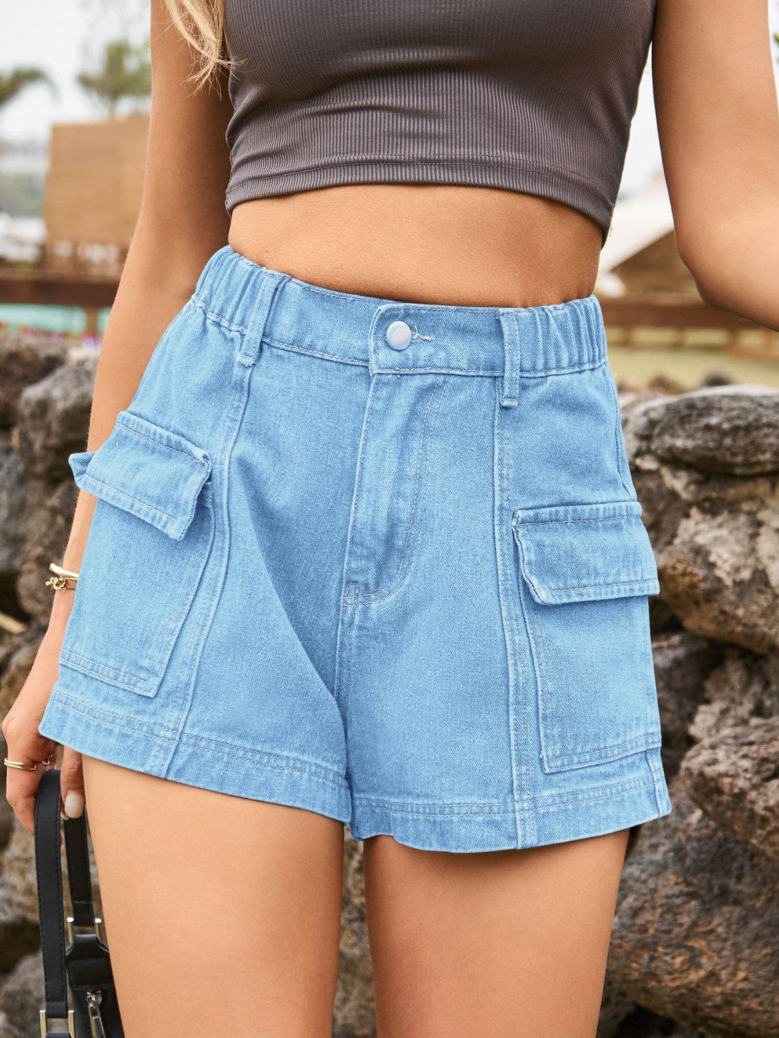 High Waist Denim Shorts with Pockets - Delanoir
