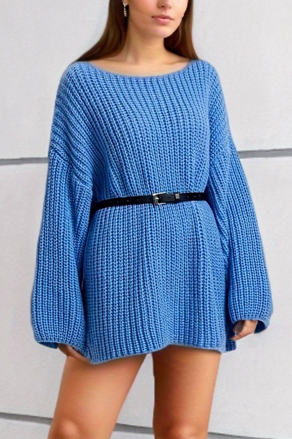 Boat Neck Dropped Shoulder Mini Sweater Dress - Delanoir