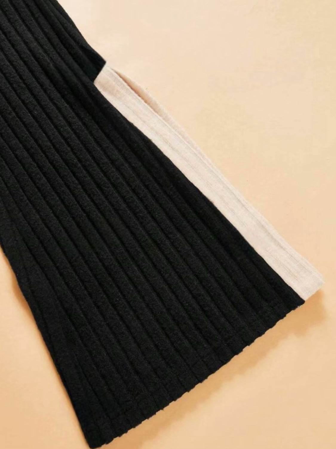 Contrast Round Neck Long Sleeve Top and Bootcut Pants Set - Delanoir