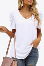 V-Neck Puff Sleeve Tee - Delanoir