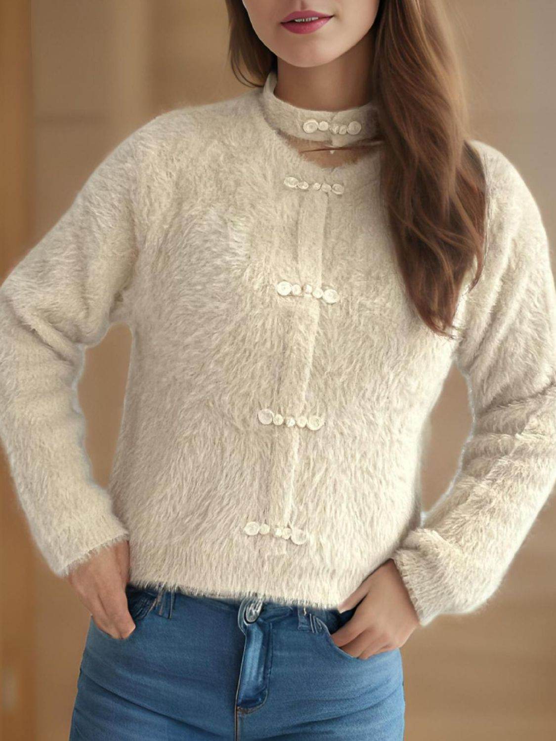 Cutout Knot Button Long Sleeve Cardigan - Delanoir