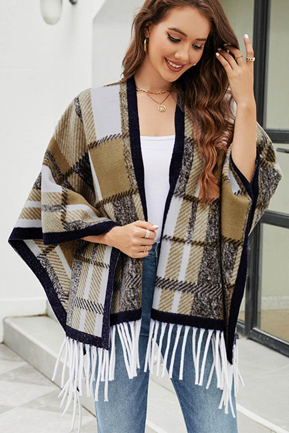 Cloak Sleeve Fringe Detail Poncho - Delanoir