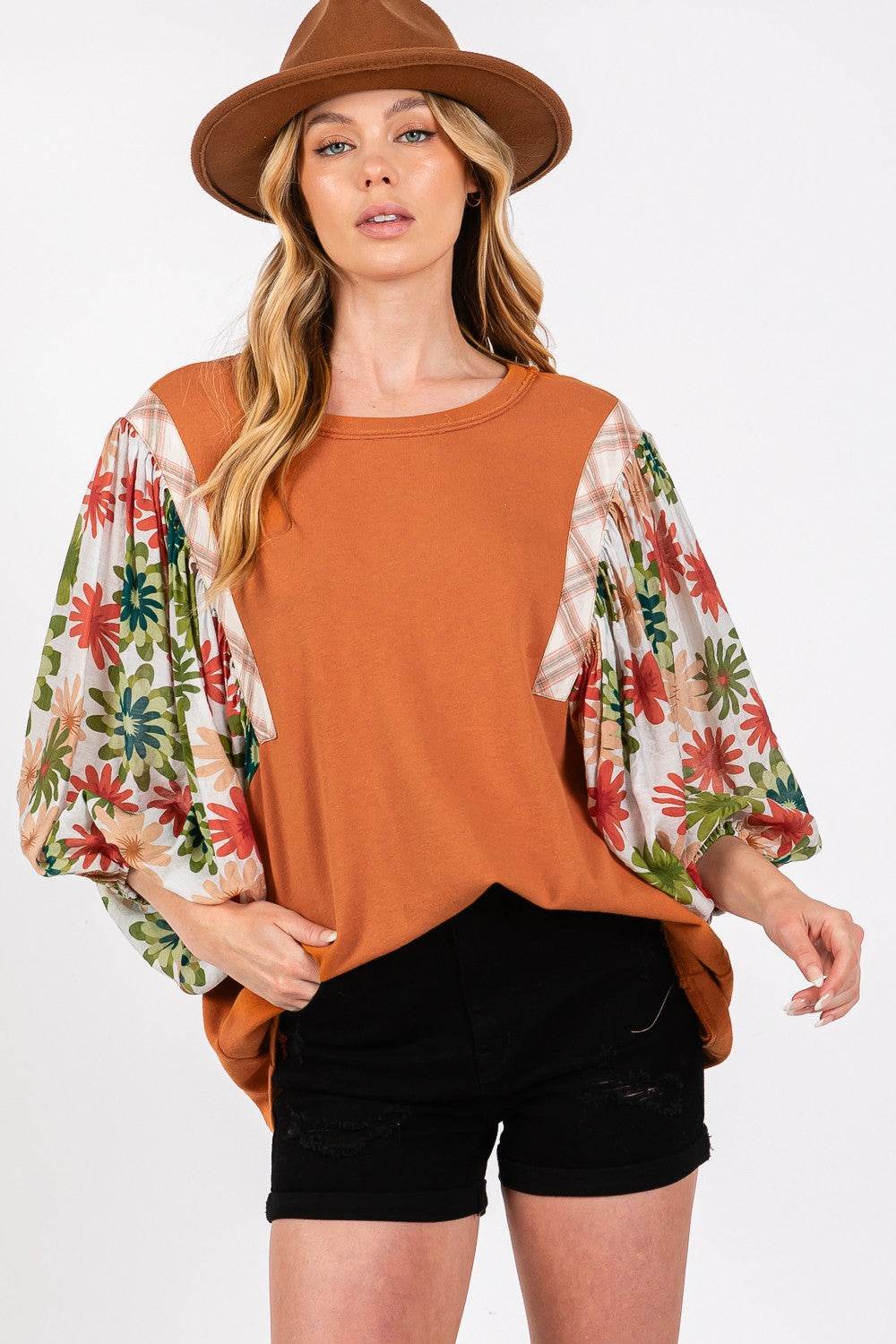 SAGE + FIG Full Size Printed Balloon Sleeve Contrast Top - Delanoir